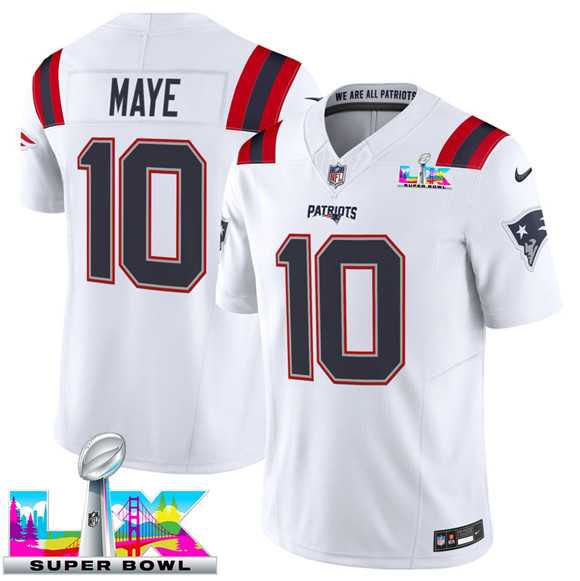 Mens New England Patriots #10 Drake Maye White 2025 F.U.S.E. Super Bowl LX Patch Vapor Limited Stitched Jersey->->