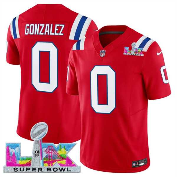 Mens New England Patriots #0 Christian Gonzalez Red 2025 F.U.S.E. Super Bowl LX Patch Vapor Limited Stitched Jersey->->