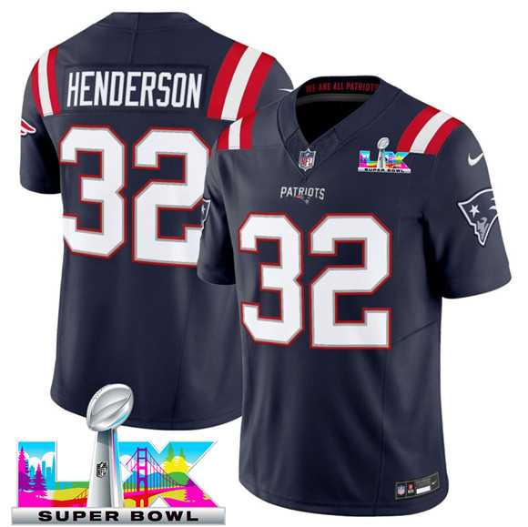 Mens New England Patriots #32 TreVeyon Henderson Navy 2025 F.U.S.E. Super Bowl LX Patch Limited Stitched Jersey->->