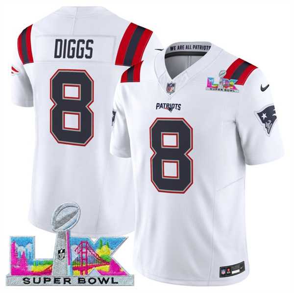 Mens New England Patriots #8 Stefon Diggs White 2025 F.U.S.E. Super Bowl LX Patch Vapor Limited Stitched Jersey->->