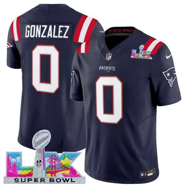Mens New England Patriots #0 Christian Gonzalez Navy 2025 F.U.S.E. Super Bowl LX Patch Vapor Limited Stitched Jersey->->