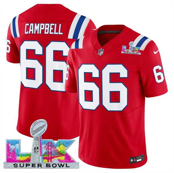 Mens New England Patriots #66 Will Campbell Red 2025 F.U.S.E. Super Bowl LX Patch Vapor Limited Stitched Jersey->->