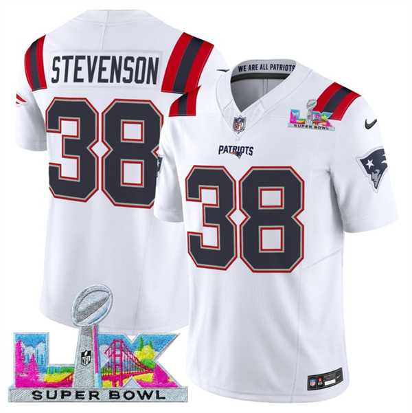 Mens New England Patriots #38 Rhamondre Stevenson White 2025 F.U.S.E. Super Bowl LX Patch Vapor Limited Stitched Jersey->->