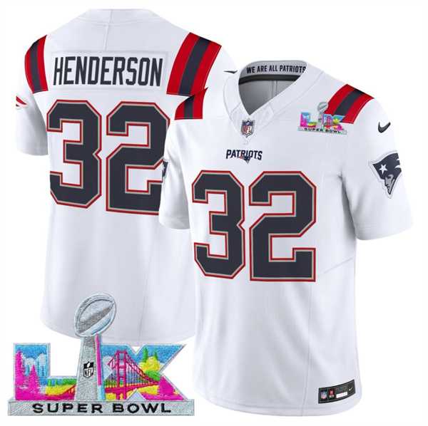 Mens New England Patriots #32 TreVeyon Henderson White 2025 F.U.S.E. Super Bowl LX Patch Vapor Limited Stitched Jersey->->