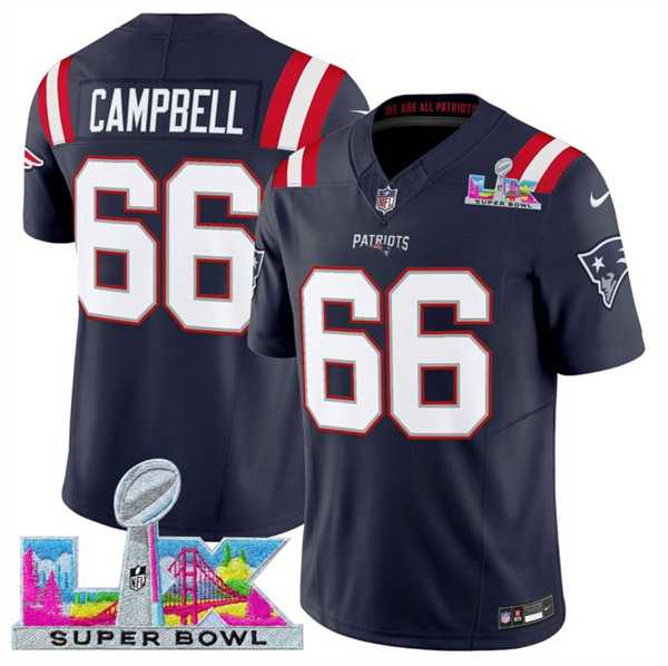 Mens New England Patriots #66 Will Campbell Navy 2025 F.U.S.E. Super Bowl LX Patch Vapor Limited Stitched Jersey->->