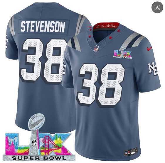 Mens New England Patriots #38 Rhamondre Stevenson Storm Blue 2025 F.U.S.E. Super Bowl LX Patch Rivalries Vapor Limited Stitched Jersey->->