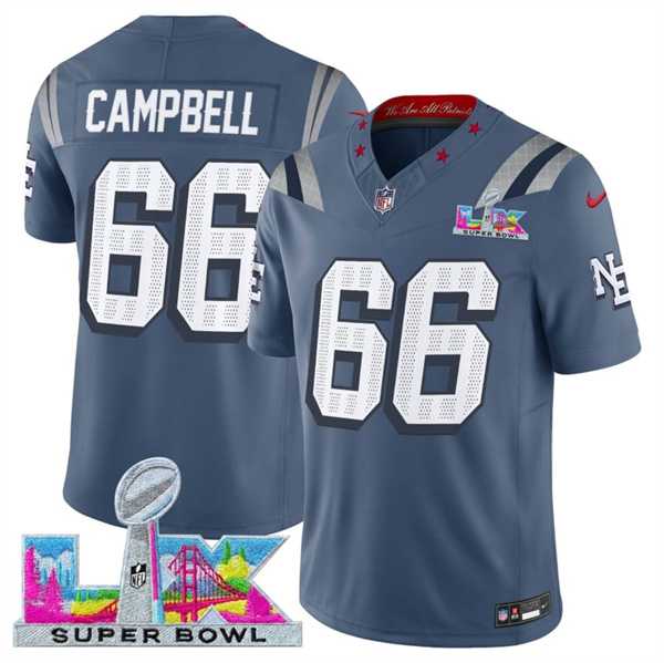 Mens New England Patriots #66 Will Campbell Storm Blue 2025 F.U.S.E. Super Bowl LX Patch Rivalries Vapor Limited Stitched Jersey->->