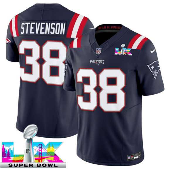 Mens New England Patriots #38 Rhamondre Stevenson Navy 2025 F.U.S.E. Super Bowl LX Patch Vapor Limited Stitched Jersey->->