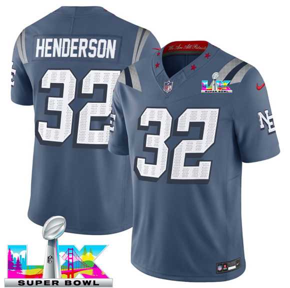 Mens New England Patriots #32 TreVeyon Henderson Storm Blue 2025 F.U.S.E. Super Bowl LX Patch Rivalries Vapor Limited Stitched Jersey->->