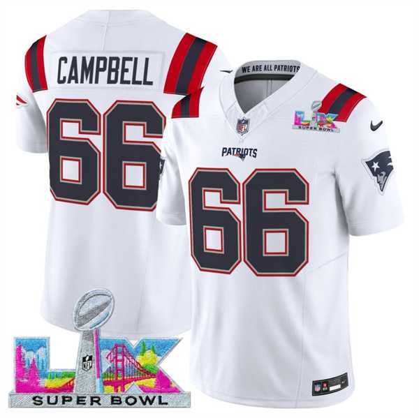 Mens New England Patriots #66 Will Campbell White 2025 F.U.S.E. Super Bowl LX Patch Vapor Limited Stitched Jersey->->
