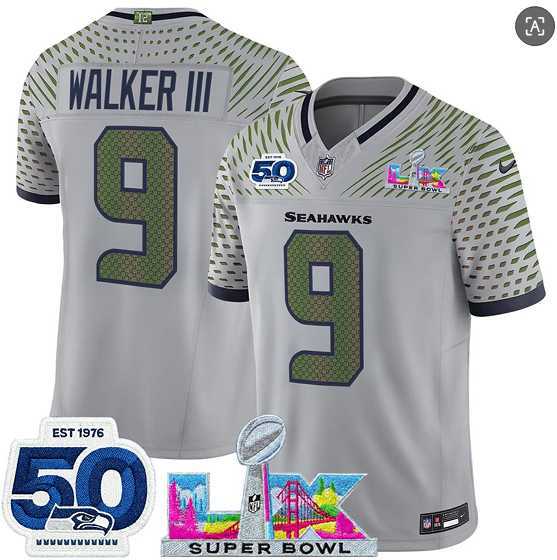 Mens Seattle Seahawks #9 Kenneth Walker III Gray 2025 F.U.S.E. Super Bowl LX Patch And 50th Season Patch Rivalries Vapor Limited Stitched Jersey->->