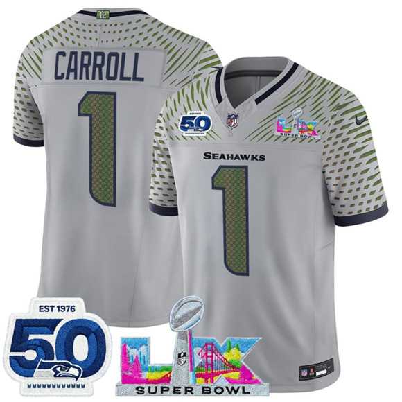 Mens Seattle Seahawks #1 Pete Carroll Gray 2025 F.U.S.E. Super Bowl LX Patch And 50th Season Patch Rivalries Vapor Limited Stitched Jersey->->