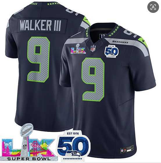 Mens Seattle Seahawks #9 Kenneth Walker III Navy 2025 F.U.S.E. Super Bowl LX Patch And 50th Season Patch Vapor Limited Stitched Jersey->->