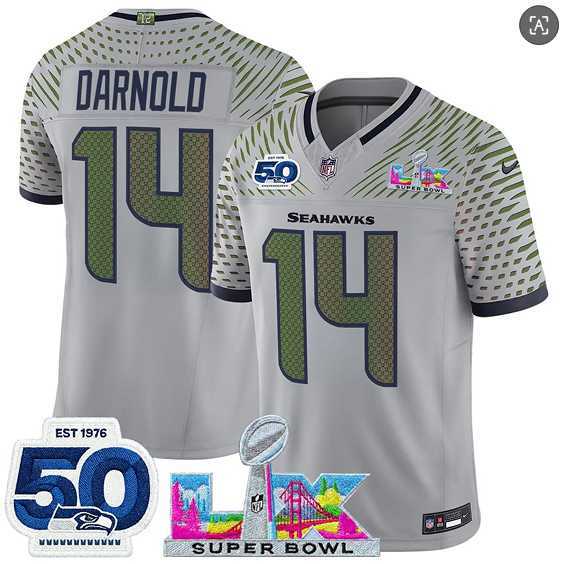 Mens Seattle Seahawks #14 Sam Darnold Gray 2025 F.U.S.E. Super Bowl LX Patch And 50th Season Patch Rivalries Vapor Limited Stitched Jersey->->