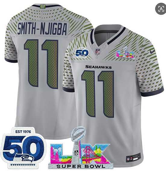Mens Seattle Seahawks #11 Jaxon Smith-Njigba Gray 2025 F.U.S.E. Super Bowl LX Patch And 50th Season Patch Rivalries Vapor Limited Stitched Jersey->->