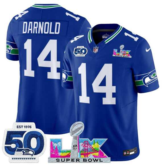 Mens Seattle Seahawks #14 Sam Darnold Royal 2025 F.U.S.E. Super Bowl LX Patch And 50th Season Patch Vapor Throwback Limited Stitched Jersey->->