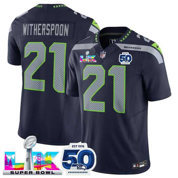 Mens Seattle Seahawks #21 Devon Witherspoon Navy 2025 F.U.S.E. Super Bowl LX Patch And 50th Season Patch Vapor Limited Stitched Jersey->->