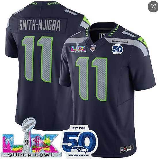 Mens Seattle Seahawks #11 Jaxon Smith-Njigba Navy 2025 F.U.S.E. Super Bowl LX Patch And 50th Season Patch Vapor Limited Stitched Jersey->->
