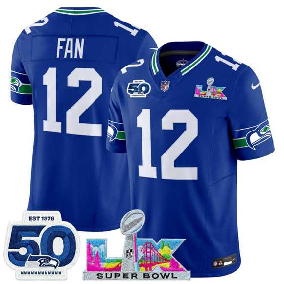 Mens Seattle Seahawks #12 Fan Royal 2025 F.U.S.E. Super Bowl LX Patch And 50th Season Patch Vapor Throwback Limited Stitched Jersey->->