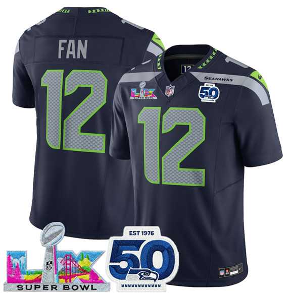 Mens Seattle Seahawks #12 Fan Navy 2025 F.U.S.E. Super Bowl LX Patch And 50th Season Patch Vapor Limited Stitched Jersey->->