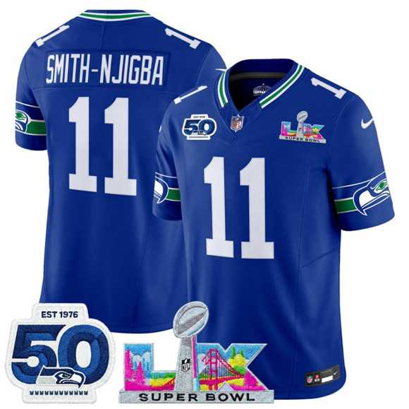 Mens Seattle Seahawks #11 Jaxon Smith-Njigba Royal 2025 F.U.S.E. Super Bowl LX Patch And 50th Season Patch Vapor Throwback Limited Stitched Jersey->->