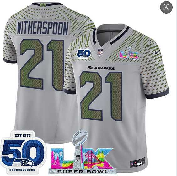Mens Seattle Seahawks #21 Devon Witherspoon Gray 2025 F.U.S.E. Super Bowl LX Patch And 50th Season Patch Rivalries Vapor Limited Stitched Jersey->->