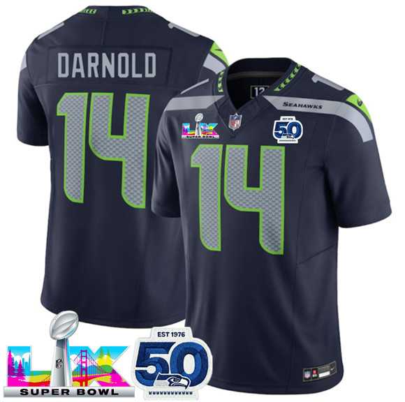 Mens Seattle Seahawks #14 Sam Darnold Navy 2025 F.U.S.E. Super Bowl LX Patch And 50th Season Patch Vapor Limited Stitched Jersey->->