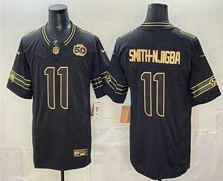 Mens Seattle Seahawks #11 Jaxon Smith-Njigba Black Gold 2025 FUSE 50th Season Patch Limited Stitched Jersey->->