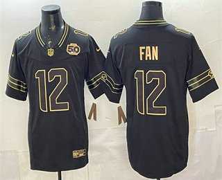 Mens Seattle Seahawks #12 Fan Black Gold 2025 FUSE 50th Season Patch Limited Stitched Jersey->->