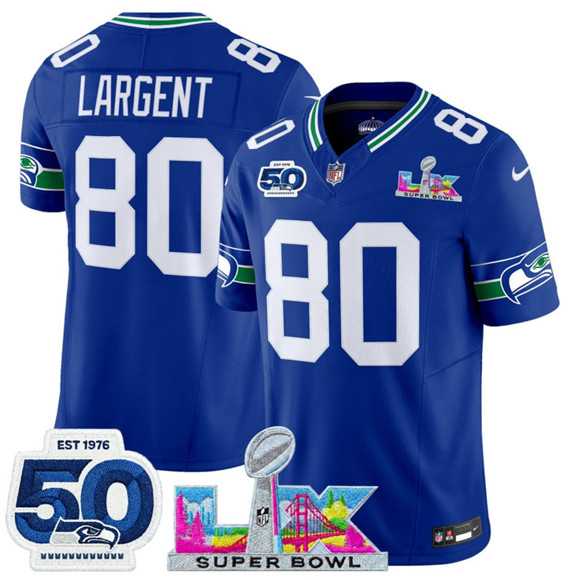 Mens Seattle Seahawks #80 Steve Largent Royal 2025 F.U.S.E. Super Bowl LX Patch And 50th Season Patch Vapor Throwback Limited Stitched Jersey Mens Seattle Seahawks #80 Steve Largent Royal 2025 F.U.S.E. Super Bowl LX Patch And 50th Season Patch Vapor Throwback Limited Stitched Jersey