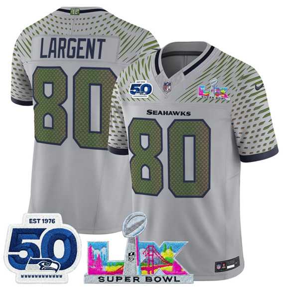 Mens Seattle Seahawks #80 Steve Largent Gray 2025 F.U.S.E. Super Bowl LX Patch And 50th Season Patch Rivalries Vapor Limited Stitched Jersey Mens Seattle Seahawks #80 Steve Largent Gray 2025 F.U.S.E. Super Bowl LX Patch And 50th Season Patch Rivalries Vapor Limited Stitched Jersey