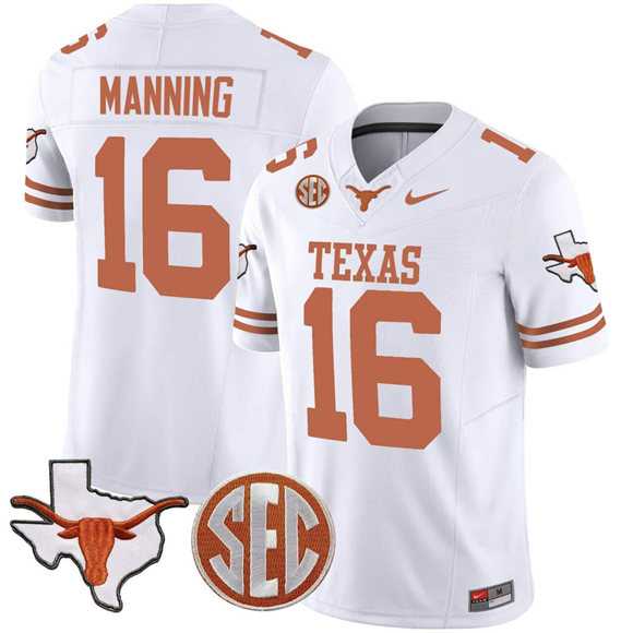 Mens Texas Longhorns #16 Arch Manning White F.U.S.E. Map & SEC Patch Vapor Limited V4 Stitched Jersey Dzhi