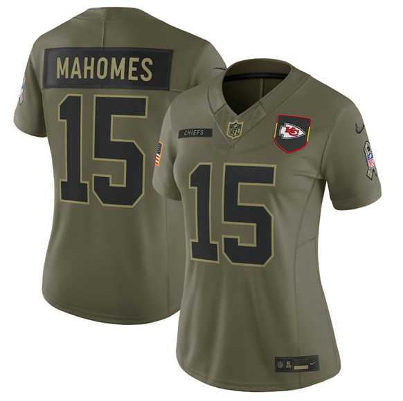 Womens Kansas City Chiefs #15 Patrick Mahomes Olive 2025 Salute to Service Limited Stitched Jersey Dyin