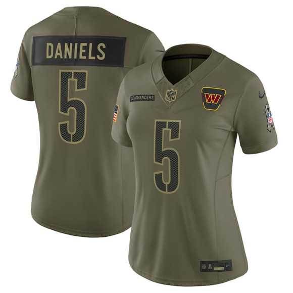 Womens Washington Commanders #5 Jayden Daniels Olive 2025 Salute to Service Limited Stitched Jersey Dyin